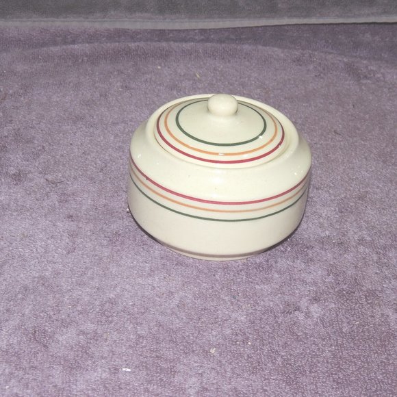 Vintage Iroquois China Restaurant Covered Jars Tan with Stripes Bands - Picture 1 of 5